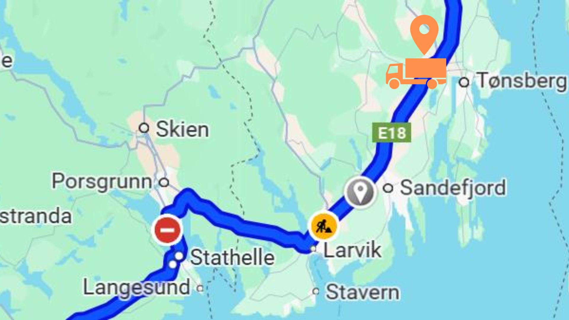 Route map showing shipment path from Langesund to Tønsberg with status markers